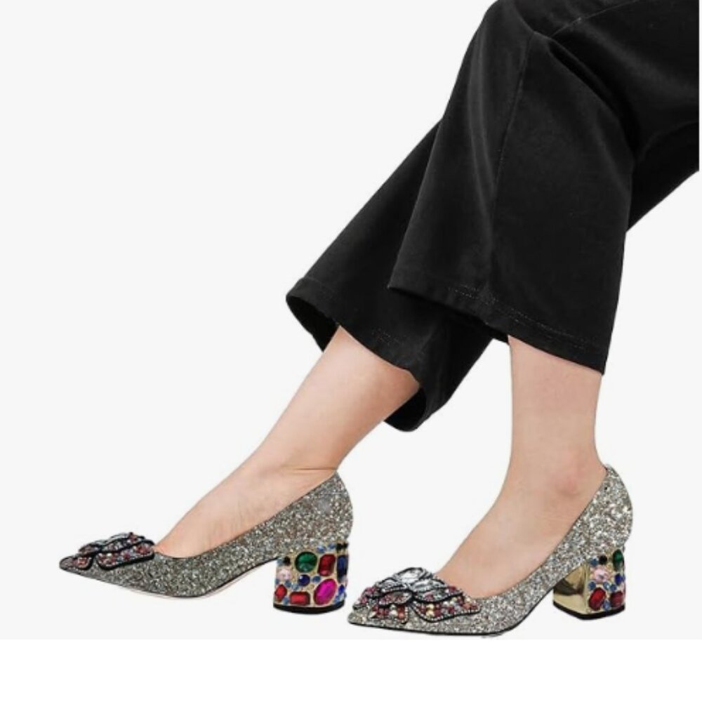 YDN Glitter Pointed Toe Bow Colorful Rhinestone Block Low Heel Butterfly Pump